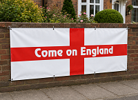Come On England PVC banner featuring the St George’s Cross displayed on a brick garden wall. Come On England PVC banner featuring the St George’s Cross displayed on a brick garden wall.