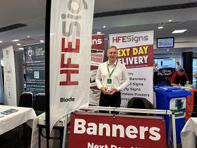 Expo stand display by HFE Signs at Derby Business Expo 2026 featuring custom safety signs, roller banners, printed signage products and promotional displays in Derby, UK. Expo stand display by HFE Signs at Derby Business Expo 2026 featuring custom safety signs, roller banners, printed signage products and promotional displays in Derby, UK.