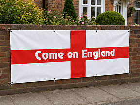 Come On England PVC banner featuring the St George’s Cross displayed on a brick garden wall.