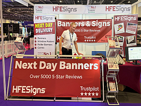 HFE Signs banner printing display with banners, roller banners and printed boards at Event Production Show London ExCeL 2026 HFE Signs banner printing display with banners, roller banners and printed boards at Event Production Show London ExCeL 2026