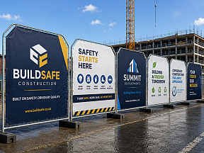 Printed mesh Heras fence banners displaying contractor logos and health and safety information Printed mesh Heras fence banners displaying contractor logos and health and safety information