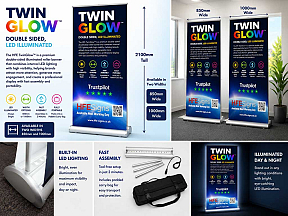 HFE TwinGlow LED roller banner with internal illumination, double-sided 2100mm tall display banner