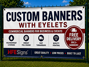 Custom banner printing in the UK with durable PVC banners, outdoor advertising banners, event banners and large format printed banners for businesses, exhibitions and promotions