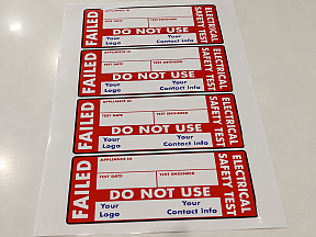 Custom printed Failed PAT test safety labels for engineering and manufacturing equipment