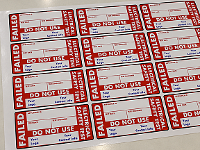 Custom printed failed PAT test safety labels for engineering and manufacturing equipment