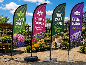 Garden centre feather flags with alternative base options Garden centre feather flags with alternative base options