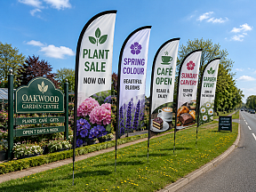 Garden centre promotional flags for plant sales, café and seasonal offers Garden centre promotional flags for plant sales, café and seasonal offers