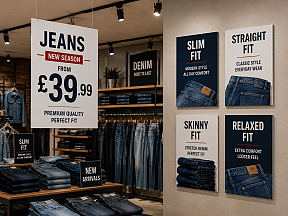 Foamex signs for jeans, clothing and fashion retail displays