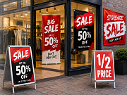 Retail sale shop signs, banners, pavement signs and promotional displays